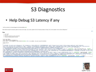 S3	
  DiagnosEcs	
  
•  Help	
  Debug	
  S3	
  Latency	
  if	
  any	
  	
  




                                                         Sudhir	
  Tonse	
  
 