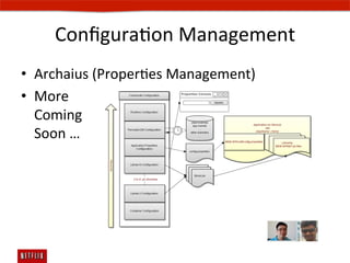 ConﬁguraEon	
  Management	
  
•  Archaius	
  (ProperEes	
  Management)	
  
•  More	
  
   Coming	
  
   Soon	
  …	
  
 