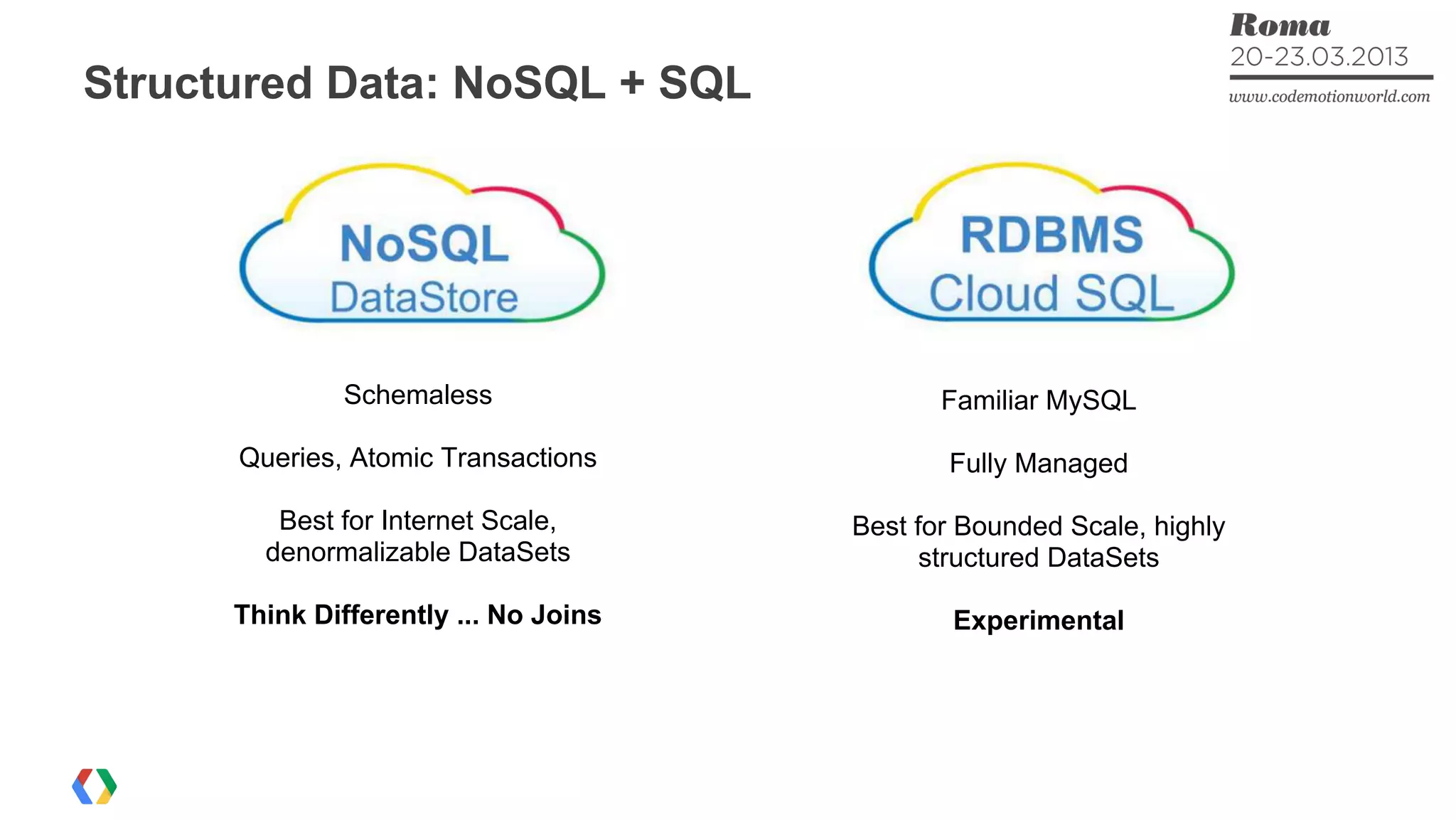 Structured Data: NoSQL + SQL
Schemaless
Queries, Atomic Transactions
Best for Internet Scale,
denormalizable DataSets
Think Differently ... No Joins
Familiar MySQL
Fully Managed
Best for Bounded Scale, highly
structured DataSets
Experimental
 