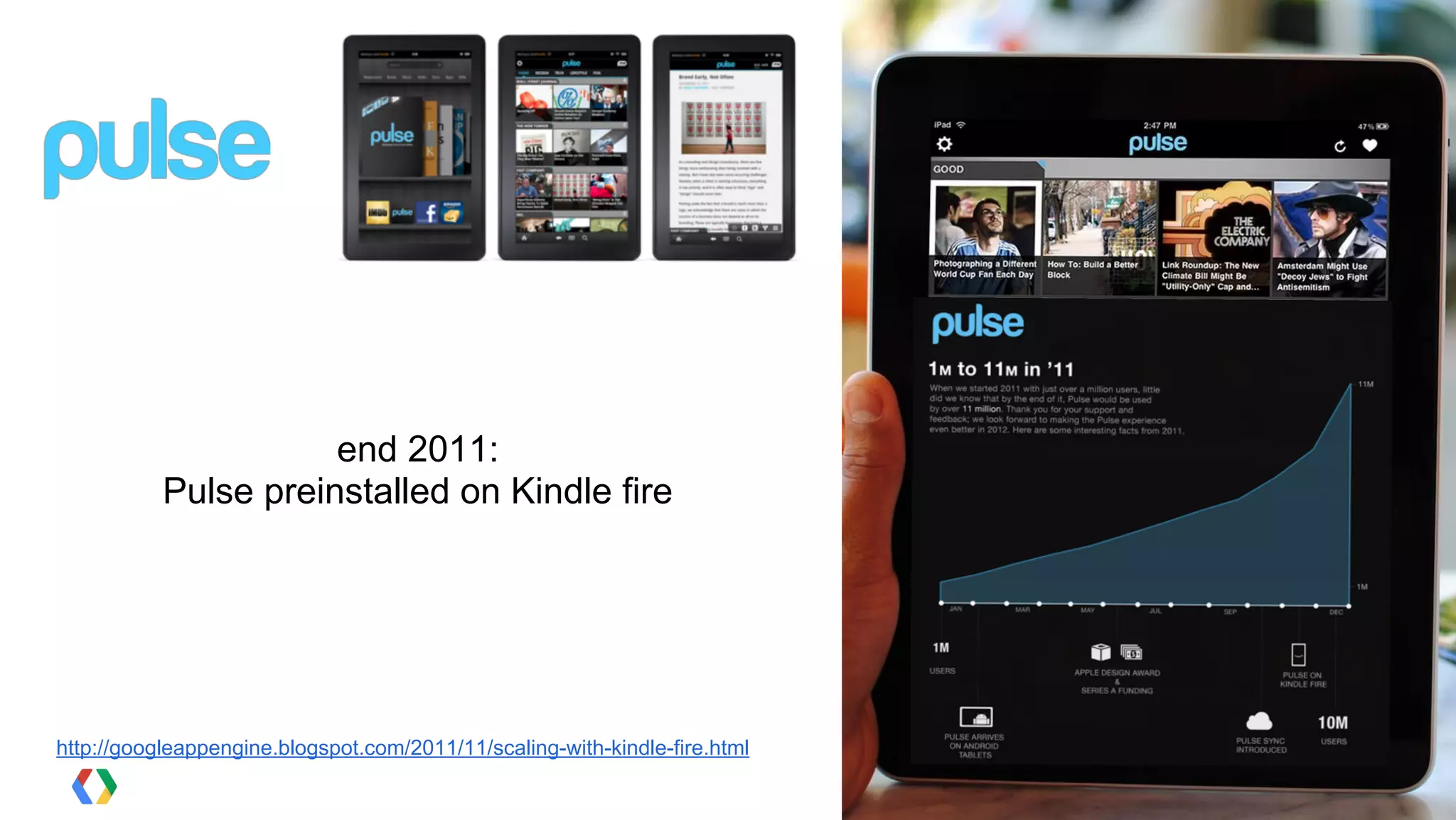 end 2011:
           Pulse preinstalled on Kindle fire




http://googleappengine.blogspot.com/2011/11/scaling-with-kindle-fire.html
 