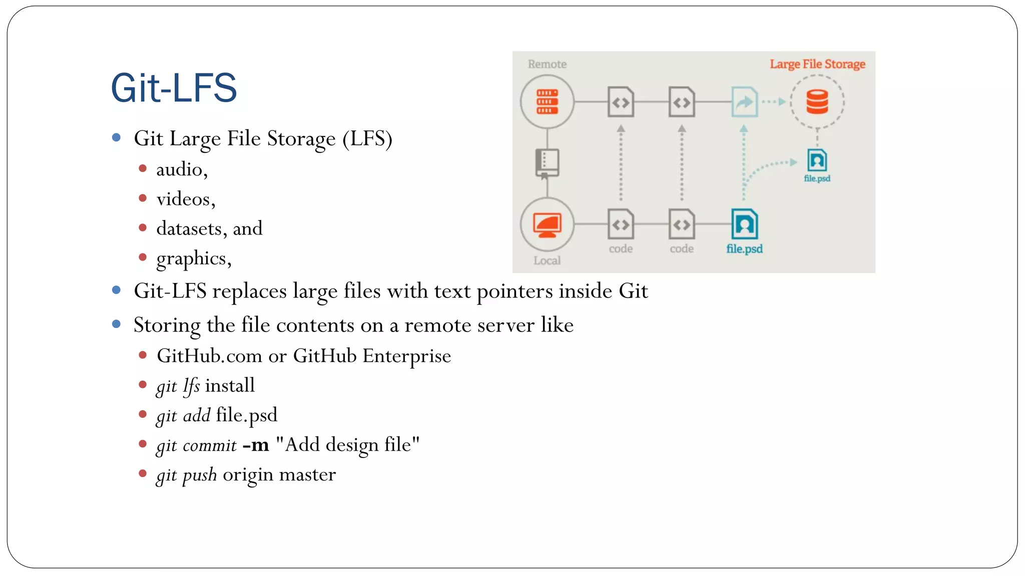 Git-LFS
 Git Large File Storage (LFS)
 audio,
 videos,
 datasets, and
 graphics,
 Git-LFS replaces large files with text pointers inside Git
 Storing the file contents on a remote server like
 GitHub.com or GitHub Enterprise
 git lfs install
 git add file.psd
 git commit -m "Add design file"
 git push origin master
 