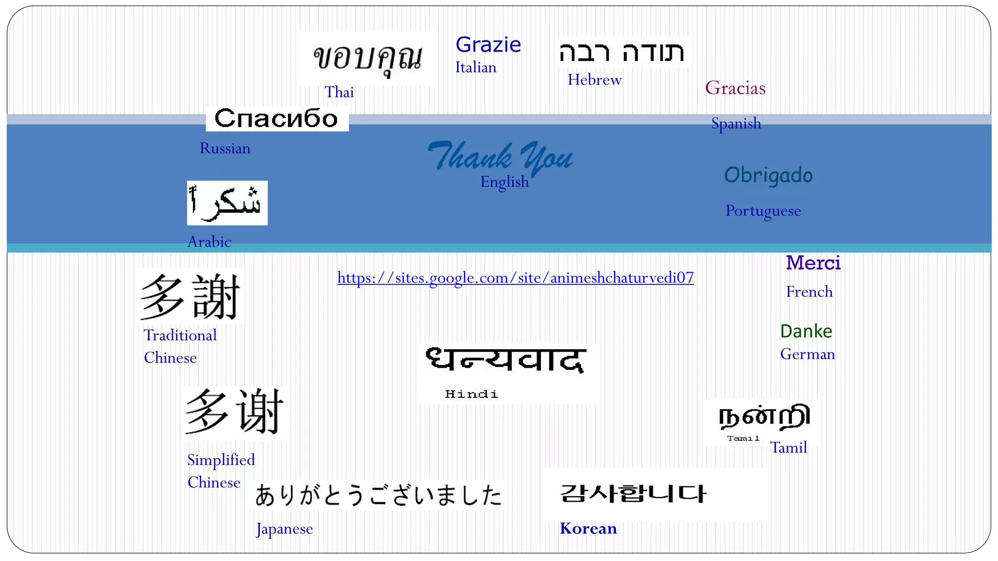 Thank You
Japanese
Hebrew
English
Merci
French
Russian
Danke
German
Grazie
Italian
Gracias
Spanish
Obrigado
Portuguese
Arabic
Simplified
Chinese
Traditional
Chinese
Tamil
Thai
Korean
https://sites.google.com/site/animeshchaturvedi07
 