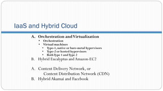 IaaS and Hybrid Cloud
A. Orchestration andVirtualization
• Orchestration
• Virtual machines
• Type-1, native or bare-metal hypervisors
• Type-2 or hosted hypervisors
• BothType 1 andType 2
B. Hybrid Eucalyptus andAmazon-EC2
A. Content Delivery Network, or
Content Distribution Network (CDN)
B. HybridAkamai and Facebook
 