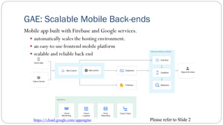 GAE: Scalable Mobile Back-ends
Mobile app built with Firebase and Google services.
 automatically scales the hosting environment.
 an easy-to-use frontend mobile platform
 scalable and reliable back end
https://cloud.google.com/appengine Please refer to Slide 2
 