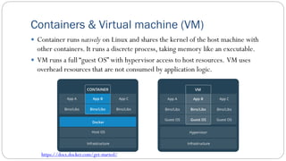 Containers & Virtual machine (VM)
 Container runs natively on Linux and shares the kernel of the host machine with
other containers. It runs a discrete process, taking memory like an executable.
 VM runs a full “guest OS” with hypervisor access to host resources. VM uses
overhead resources that are not consumed by application logic.
https://docs.docker.com/get-started/
 