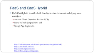 PaaS and CaaS Hybrid
 PaaS-CaaS hybrid provides both development environment and deployment
container
 Amazon Elastic Container Service (ECS),
 Ruby-on-Rails (EngineYard) and
 GoogleApp Engine etc.
https://containerjournal.com/features/paas-vs-caas-wrong-question-ask/
https://aws.amazon.com/ecs/
https://www.engineyard.com/
https://cloud.google.com/appengine
 