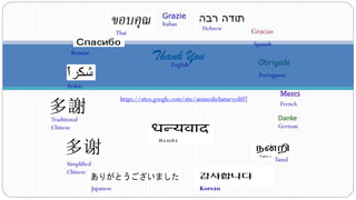 Thank You
Japanese
Hebrew
English
Merci
French
Russian
Danke
German
Grazie
Italian
Gracias
Spanish
Obrigado
Portuguese
Arabic
Simplified
Chinese
Traditional
Chinese
Tamil
Thai
Korean
https://sites.google.com/site/animeshchaturvedi07
 