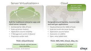 Server Virtualization++                                         Cloud
                                                                                    •   10x more scalable
                                                                                    •   2-5x lower cost
                                                                                    •   100% more open




     Built for traditional enterprise apps and       Designed around big data, massive scale
     client-server compute                           and next-gen applications
     •   Architected for 100s of hosts               •   Cloud architecture for 1000s of hosts
     •   Scale-up (server clusters)                  •   Scale-out (multi-site server farms)
     •   Applications assume reliability             •   Applications assume failure
     •   IT Management-centric [1:Dozens]            •   Autonomic [1:1,000’s]
     •   Proprietary vendor stack                    •   Open, value-added stack

                    Think: vCloud Director               Think: AWS, RAX, zCloud, eBay, etc.
              Enterprises should, and will, become               …but adoption of new cloud
                        more cloud-like…                          architecture is the future
© 2012 Citrix | Confidential – Do Not Distribute
 