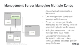 Management Server Managing Multiple Zones
                                                                •   A zone typically represents a
Data Center 1                                                       datacenter
                 Management
                   Server
                                                                •   One Management Server can
                                                                    manage multiple zones
   Zone1                                                        •   Zones can be geographically
                                                                    distributed but low latency links are
                                             Data Center 3
                                                                    expected for better performance
                                                                •   A single management node can
    Data Center 2                                      Zone 4       manage up to 5000 hosts.
        Zone 2                                                  •   Management nodes can be
                       Zone 3                                       deployed local to each data
                                                                    center, and load balanced globally
 © 2012 Citrix | Confidential – Do Not Distribute                   using NetScaler
 
