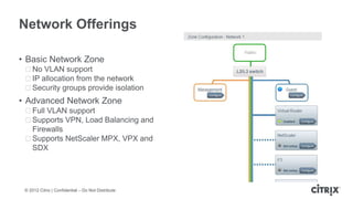 Network Offerings

• Basic Network Zone
 ᵒNo VLAN support
 ᵒIP allocation from the network
 ᵒSecurity groups provide isolation
• Advanced Network Zone
 ᵒFull VLAN support
 ᵒSupports VPN, Load Balancing and
  Firewalls
 ᵒSupports NetScaler MPX, VPX and
  SDX




 © 2012 Citrix | Confidential – Do Not Distribute
 