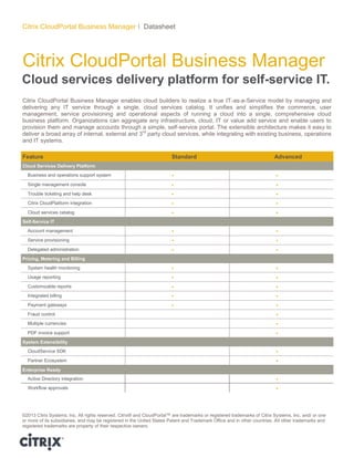 Citrix CloudPortal Business Manager
Citrix CloudPortal Business Manager I Datasheet
Cloud services delivery platform for self-service IT.
Citrix CloudPortal Business Manager enables cloud builders to realize a true IT-as-a-Service model by managing and
delivering any IT service through a single, cloud services catalog. It unifies and simplifies the commerce, user
management, service provisioning and operational aspects of running a cloud into a single, comprehensive cloud
business platform. Organizations can aggregate any infrastructure, cloud, IT or value add service and enable users to
provision them and manage accounts through a simple, self-service portal. The extensible architecture makes it easy to
deliver a broad array of internal, external and 3rd
party cloud services, while integrating with existing business, operations
and IT systems.
©2013 Citrix Systems, Inc. All rights reserved. Citrix® and CloudPortal™ are trademarks or registered trademarks of Citrix Systems, Inc. and/ or one
or more of its subsidiaries, and may be registered in the United States Patent and Trademark Office and in other countries. All other trademarks and
registered trademarks are property of their respective owners.
Feature Standard Advanced
Cloud Services Delivery Platform
Business and operations support system  
Single management console  
Trouble ticketing and help desk  
Citrix CloudPlatform integration  
Cloud services catalog  
Self-Service IT
Account management  
Service provisioning  
Delegated administration  
Pricing, Metering and Billing
System health monitoring  
Usage reporting  
Customizable reports  
Integrated billing  
Payment gateways  
Fraud control 
Multiple currencies 
PDF invoice support 
System Extensibility
CloudService SDK 
Partner Ecosystem 
Enterprise Ready
Active Directory integration 
Workflow approvals 
 