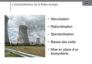 L’industrialisation de la filière énergie




                               •  Sécurisation

                               •  Rationalisation

                               •  Standardisation

                               •  Baisse des coûts

                               •  Mise en place d’un
                                  écosystème
 