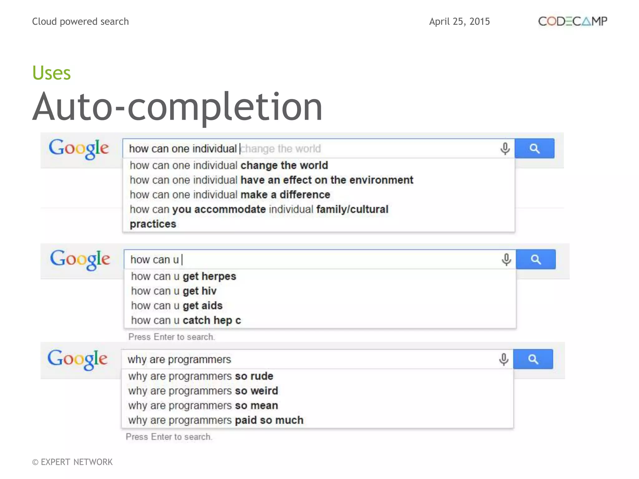 April 25, 2015Cloud powered search
© EXPERT NETWORK
Auto-completion
Uses
 