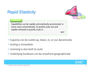 Rapid Elasticity
                 #.)6/.

         0),)6 3 .  20),= . ,36,,= 02/:)3)/. @ ).
        3/- 3 3 94/-6,,=@ 4/ 19)+,= 3, /94 .
        20),= 2 , 3  4/ 19)+,= 3, ).B
                                                           



 •  0)4= .  3,  90@ /;.@ ).@ /2 /94 =.-),,=
 •  ,).' )3 )-- )4
 •  
) .3).' )3 ,3/ 9),4 4/ 3,
 •  . 2,=).' (2;2 .  .=;( 2 ' /'20(),,=


© Copyright 2011 EMC Corporation. All rights reserved.            22
 