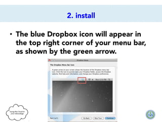 2. install
•  The blue Dropbox icon will appear in
the top right corner of your menu bar,
as shown by the green arrow. 

 