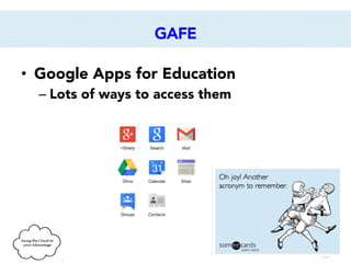 GAFE
•  Google Apps for Education
–  Lots of ways to access them

 