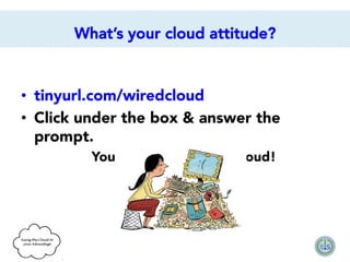 What’s your cloud attitude?

•  tinyurl.com/wiredcloud
•  Click under the box & answer the
prompt.
You are playing in the cloud!

 