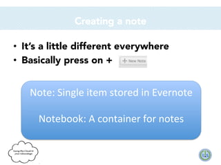 Creating a note
•  It’s a little different everywhere
•  Basically press on + 

Note:	
  Single	
  item	
  stored	
  in	
  Evernote	
  
	
  
Notebook:	
  A	
  container	
  for	
  notes	
  

 