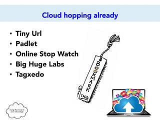 Cloud hopping already
• 
• 
• 
• 
• 

Tiny Url
Padlet
Online Stop Watch
Big Huge Labs
Tagxedo

 