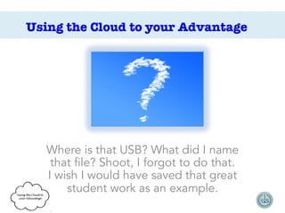 Using the Cloud to your Advantage

Where is that USB? What did I name
that file? Shoot, I forgot to do that.
I wish I would have saved that great
student work as an example.

 
