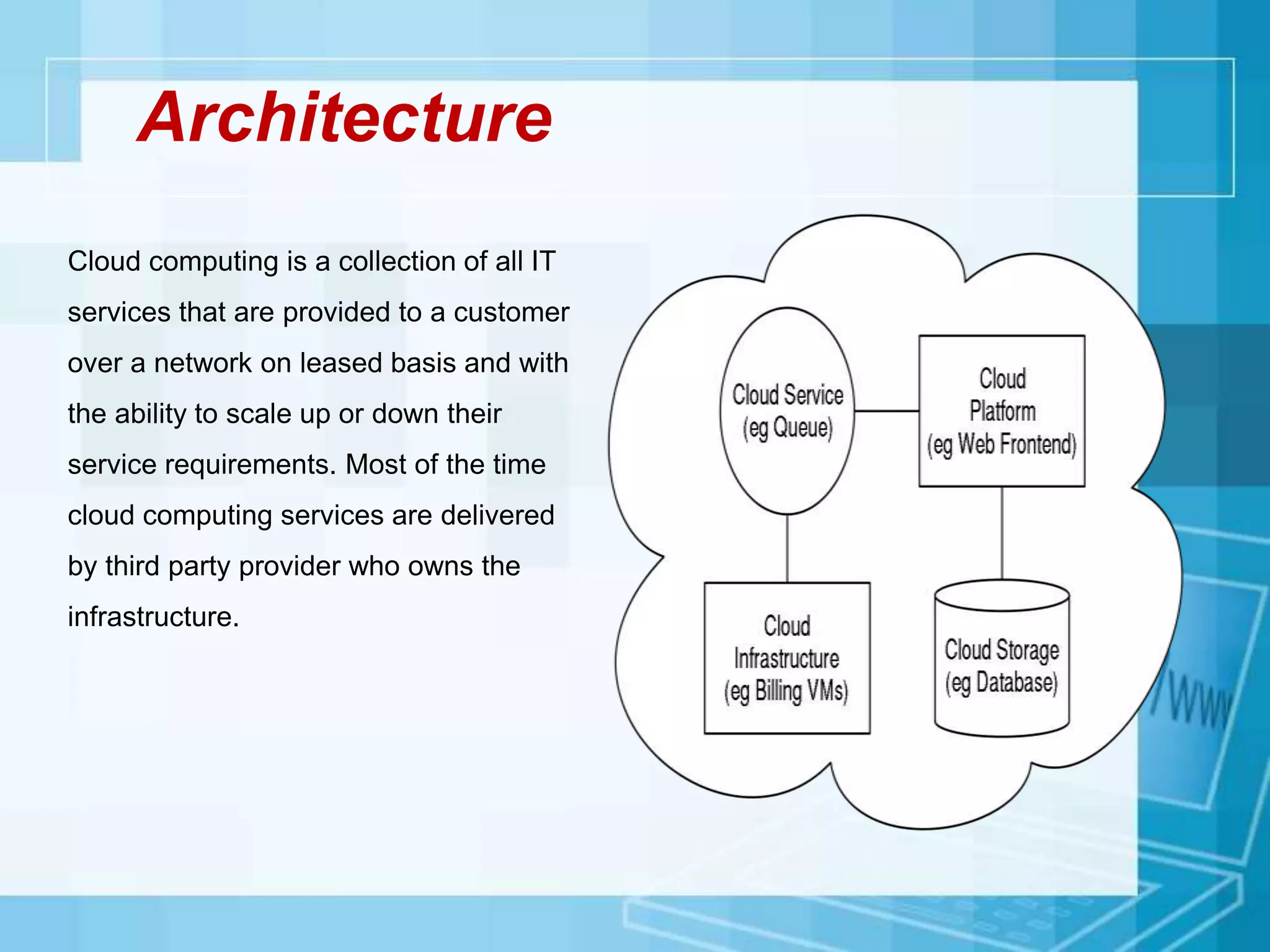 Architecture
Cloud computing is a collection of all IT
services that are provided to a customer
over a network on leased basis and with
the ability to scale up or down their
service requirements. Most of the time
cloud computing services are delivered
by third party provider who owns the
infrastructure.
 