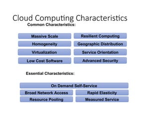 Cloud Computing Characteristics
16
Common Characteristics:
Low Cost Software
Virtualization Service Orientation
Advanced Security
Homogeneity
Massive Scale Resilient Computing
Geographic Distribution
Essential Characteristics:
Resource Pooling
Broad Network Access Rapid Elasticity
Measured Service
On Demand Self-Service
Adopted from: Effectively and Securely Using the Cloud Computing Paradigm by peter Mell, Tim Grance
 