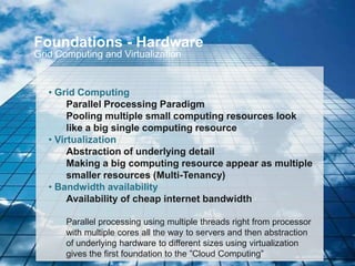Foundations - Hardware
Grid Computing and Virtualization


   • Grid Computing
        Parallel Processing Paradigm
        Pooling multiple small computing resources look
        like a big single computing resource
   • Virtualization
        Abstraction of underlying detail
        Making a big computing resource appear as multiple
        smaller resources (Multi-Tenancy)
   • Bandwidth availability
        Availability of cheap internet bandwidth

       Parallel processing using multiple threads right from processor
       with multiple cores all the way to servers and then abstraction
       of underlying hardware to different sizes using virtualization
       gives the first foundation to the ”Cloud Computing”
 