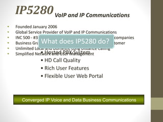 IP5280
• Founded January 2006
• Global Service Provider of VoIP and IP Communications
• INC 500 - #308 on INC Magazine’s 500 fasted growing companies
• Business Grade VoIP Capability for Every Business Customer
• Unlimited Local and Domestic Long Distance Calling
• Simplified Network and User Management
Converged IP Voice and Data Business Communications
What does IP5280 do?
• Hosted PBX System
• HD Call Quality
• Rich User Features
• Flexible User Web Portal
VoIP and IP Communications
 