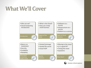 mission critical systems
What We’ll Cover
• Who are we?
• Cloud Computing
Introduction
Introduction
• What is the Cloud?
• How can it help
small business
Origins of the
Cloud
• Software as a
service
• Infrastructure as a
service
• Platform as a service
Types of Cloud
Solutions
• Return on
investment
• Security
• Scalability
• Reliability
Why cloud
computing
makes sense
• Hosted Exchange
• Hosted file server
• Cloud VOIP
Specific
solutions
• Moving to the cloud
• Is it a good fit?
• Timing the move
• Questions
What Next?
 