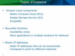 Types d’instance

 Amazon cloud components
      Elastic Compute Cloud (EC2)
      Simple Storage Service (S3)
      SimpleDB


 Nouvelles fonctions
      Availability zones
      Place applications in multiple locations for failovers


 Elastic IP addresses
      Static IP addresses that can be dynamically
      remapped to point to different instances

14
 