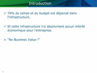 Introduction

     70% du temps et du budget est dépensé dans
      l'infrastructure.


     Et cette infrastructure n'a absolument aucun intérêt
      économique pour l'entreprise.


     "No Business Value !"




3
 