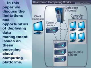 In this
paper we
discuss the
limitations
and
opportunities
of deploying
data
management
issues on
these
emerging
cloud
computing
platforms.

 