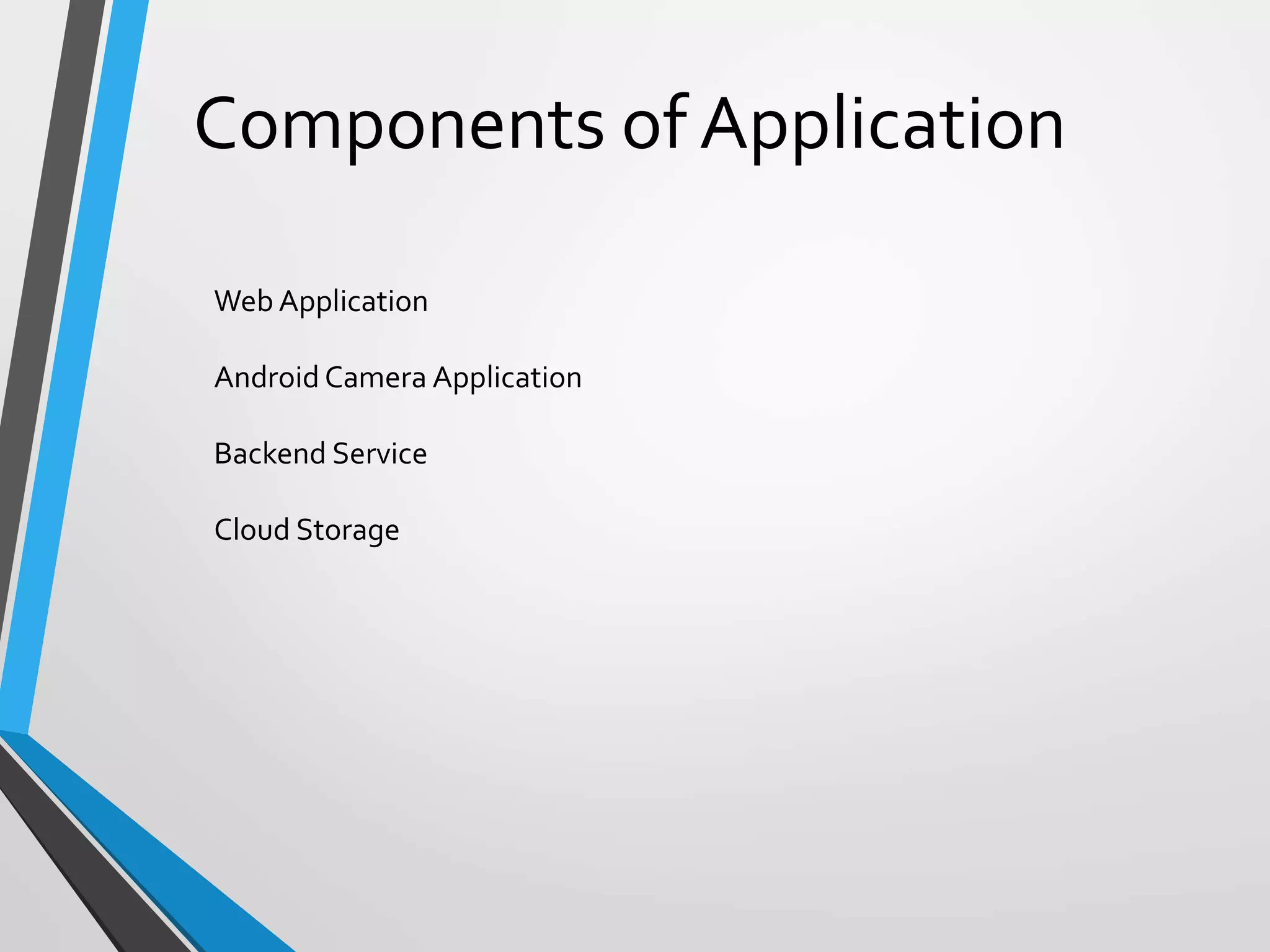 Components of Application
Web Application
Android Camera Application
Backend Service
Cloud Storage
 