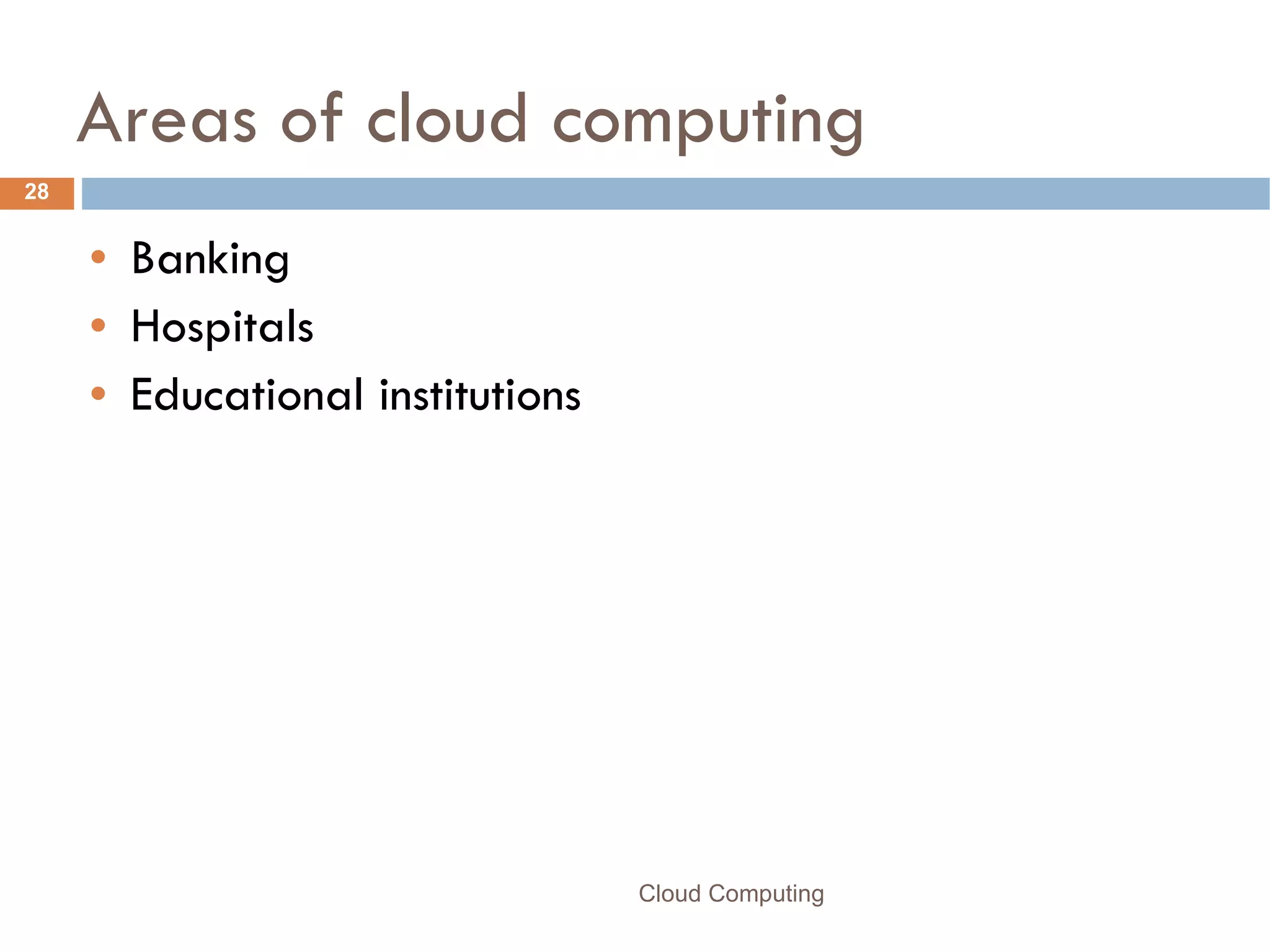 Areas of cloud computing Banking Hospitals Educational institutions Cloud Computing 