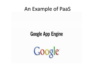 Infrastructure as a Service (IaaS).
• The capability provided to the consumer is to provision
  processing, storage, networks, and other fundamental
  computing resources where the consumer is able to
  deploy and run arbitrary software, which can include
  operating systems and applications. The consumer
  does not manage or control the underlying cloud
  infrastructure but has control over operating systems,
  storage, and deployed applications; and possibly
  limited control of select networking components (e.g.,
  host firewalls)
      –   NIST Definition of Cloud Computing
          http://csrc.nist.gov/publications/nistpubs/800-145/SP800-145.pdf
 