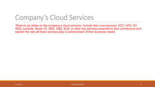 02/13/2026 CLOUD PRESENTATION 6
Company’s Cloud Services
Three to six slides on the company’s cloud services. Include their core services: EC2, VPC, S3,
RDS, Lambda, Route 53, SNS, SQS, ELB, or other key services essential to their architecture and
explain the role all these services play in achievement of their business needs.
 