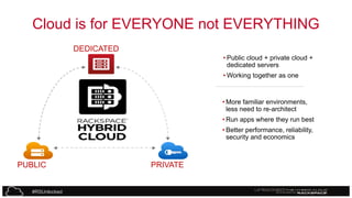Cloud is for EVERYONE not EVERYTHING
DEDICATED
• Public cloud + private cloud +
dedicated servers
• Working together as one

• More familiar environments,
less need to re-architect
• Run apps where they run best
• Better performance, reliability,
security and economics

PUBLIC

#RSUnlocked

PRIVATE

 