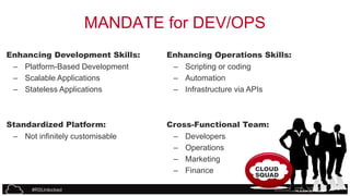 MANDATE for DEV/OPS
Enhancing Development Skills:
– Platform-Based Development
– Scalable Applications
– Stateless Applications

Enhancing Operations Skills:
– Scripting or coding
– Automation
– Infrastructure via APIs

Standardized Platform:
– Not infinitely customisable

Cross-Functional Team:
– Developers
– Operations
– Marketing
CLOUD
– Finance

SQUAD

#RSUnlocked

 