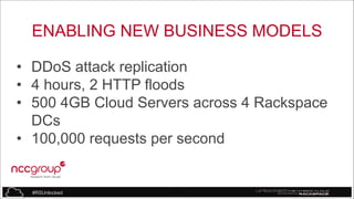 ENABLING NEW BUSINESS MODELS
• DDoS attack replication
• 4 hours, 2 HTTP floods
• 500 4GB Cloud Servers across 4 Rackspace
DCs
• 100,000 requests per second

#RSUnlocked

40

 