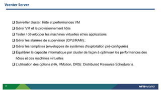 19
Vcenter Server
 Surveiller cluster, hôte et performances VM
 Gérer VM et le provisionnement hôte
 Tester / développer les machines virtuelles et les applications
 Gérer les alarmes de supervision (CPU/RAM) ;
 Gérer les templates (enveloppes de systèmes d'exploitation pré-configurés)
 Équilibrer la capacité informatique par cluster de façon à optimiser les performances des
hôtes et des machines virtuelles
 L'utilisation des options (HA, VMotion, DRS(: Distributed Resource Scheduler)).
 