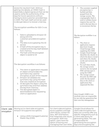 stores the resultant hash. Without
getting into details, an HMAC hash is
essentially a digital signature that can be
used to verify the authenticity of the
keys for future operations without
having to store customer-provided keys
in AWS. The hash itself cannot be used
to decrypt data or to recover a lost key.
The encryption workflow for SSE-C is as
follows:
1. Data is uploaded to Amazon S3
along with the
customer-provided encryption
key
2. The data is encrypted by the S3
service
3. A hash of the encryption key is
created and the key itself deleted
from memory
4. The hash and the encrypted
object is saved to S3
The decryption workflow is as follows:
1. The client or application requests
an object and provides the
symmetric key used for
encryption as part of the request
2. Amazon S3 validates the
symmetric key using the hash
that was created at encryption
3. S3 decrypts the object using the
symmetric key and then deletes
the key from memory
4. The decrypted object is
downloaded to the requesting
client or application
7. The customer-supplied
encryption key is
hashed and then
purged from the
storage system. The
cryptographic hash is
used to validate future
requests but can’t be
used to decrypt data or
to reconstruct the key
The decryption workflow is as
follows:
1. The client or
application requests
data from Google
Cloud Storage while
supplying the CSEK
2. Google Cloud Storage
identifies the chunks in
which the data is stored
and where the chunks
reside and retrieves the
chunks
3. For each data chunk,
the storage system
retrieves the encrypted
DEK and decrypts it
using the CSEK
4. The storage system
discards the DEK and
sends the decrypted
data to the client or
application that
requested the data
Since Google’s KMS is not
involved, users are responsible
for not only key generation but
their own key management.
Moving on to client-side encryption,
Amazon S3 supports two options:
● Using a KMS-managed Customer
Master Key (CMK)
For client-side encryption,
Azure supplies a storage
client library, written for
Java, .NET and Python,
that integrates with Azure
encryption. With this
option, users have the
option of storing and
managing their own KEKs
Google Cloud allows for
client-side encryption but
does not currently offer any
specific integrations such as
a client-side library for
generating DEKs. The user
is responsible for
generating the encryption
keys and encrypting the
Client- side
encryption
 