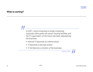 What is coming?




                  In 2021, cloud computing is simply computing,
                  corporate office parks are senior housing facilities and
                  the IT organization of the future has been absorbed by
                  the business.
                    Internal IT becomes an internal cloud.
                    IT becomes a services broker.
                    IT will become a function of the business.
                                                                 Gartner, 2011




46                                IM AR                                          © 2012 IBM Corporation
 