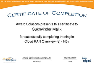 Award Solutions presents this certificate to
Sukhvinder Malik
for successfully completing training in
Cloud RAN Overview (e) - H5v
Award Solutions eLearning LMS
Facilitator
May 18, 2017
Date
Powered by TCPDF (www.tcpdf.org)
 