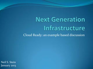 Cloud Ready: an example based discussion

Neil S. Stein
January 2013

 
