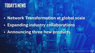  Network Transformation at global scale
 Expanding industry collaborations
 Announcing three new products
Today’sNews
INTEL INSIDE. CLOUD-READY NETWORKS OUTSIDE.
 