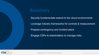 Proprietary and Confidential. Do Not Distribute. © 2016 Optiv Inc. All Rights Reserved.
16
Summary
•Security fundamentals extend to the cloud environments
•Leverage industry frameworks for controls & measurement
•Prepare contingency and incident plans
•Engage CSPs & stakeholders to manage risks
 