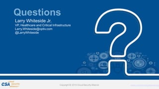 Proprietary and Confidential. Do Not Distribute. © 2016 Optiv Inc. All Rights Reserved.
17
Questions
Larry Whiteside Jr.
VP, Healthcare and Critical Infrastructure
Larry.Whiteside@optiv.com
@LarryWhiteside
 