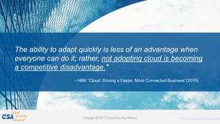 Proprietary and Confidential. Do Not Distribute. © 2016 Optiv Inc. All Rights Reserved.
3
The ability to adapt quickly is less of an advantage when
everyone can do it; rather, not adopting cloud is becoming
a competitive disadvantage."
- HBR “Cloud: Driving a Faster, More Connected Business”(2015)
 