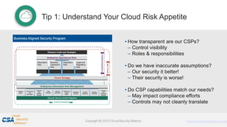 Proprietary and Confidential. Do Not Distribute. © 2016 Optiv Inc. All Rights Reserved.
6
• How transparent are our CSPs?
– Control visibility
– Roles & responsibilities
• Do we have inaccurate assumptions?
– Our security it better!
– Their security is worse!
• Do CSP capabilities match our needs?
– May impact compliance efforts
– Controls may not cleanly translate
Tip 1: Understand Your Cloud Risk Appetite
 