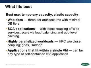 What fits best <ul><li>Best use: temporary capacity, elastic capacity </li></ul><ul><li>Web sites  — three-tier architectu...